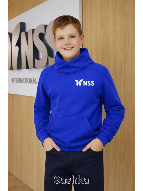 Худі для хлопчика з коміром синє з логотипом школи NSS, розмір 116-164